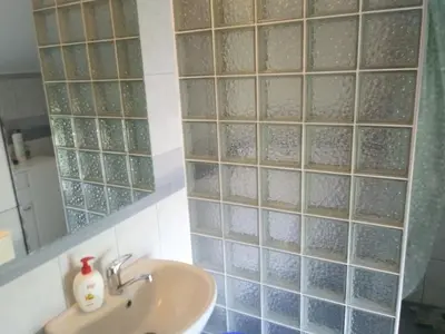 a bathroom with a sink and glass block wall at Ribarska Vila in Donje Lohovo
