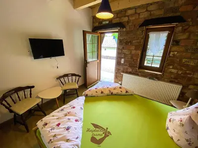 a room with a bed and a table and chairs at Holiday park Hajducka cesma in Dubovsko