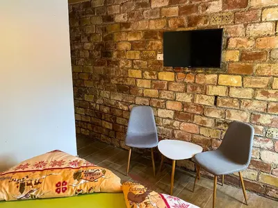 a room with two chairs and a tv on a brick wall at Holiday park Hajducka cesma in Dubovsko