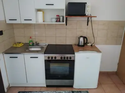 a small kitchen with a stove and a sink at Apartment Edin in Bihać