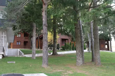 a group of trees in front of a house at Hotel Balkana Vidović in Mrkonjić Grad