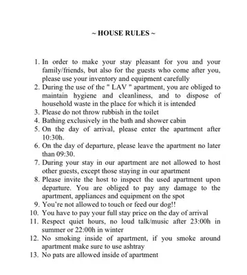 a page of a document with the words house rules at Lav Apartments in Bihać