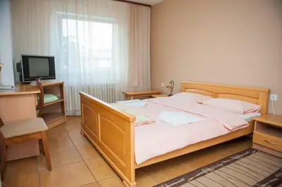 a bedroom with a large bed and a television at Prenoćište 