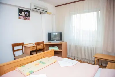 a bedroom with a bed and a television and a desk at Prenoćište 