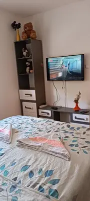 a bedroom with a bed and a flat screen tv at Apartman Denis Una in Lužine
