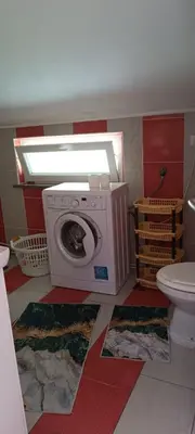 a washing machine in a bathroom with a toilet at Apartman Denis Una in Lužine