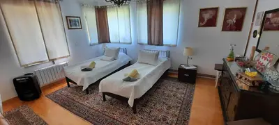 a living room with two couches and a rug at Villa Meli in Visoko