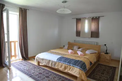 a bedroom with a bed with two pink pillows at Villa Meli in Visoko