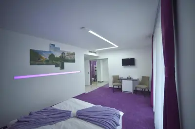 a bedroom with a bed with a purple carpet at Hotel Vrata Bosne in Velika Kladuša