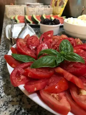 a plate of food with tomatoes and basil on it at Heartland City B&B in Tuzla