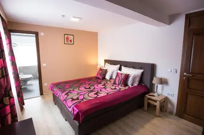 a bedroom with a large bed with a purple blanket at Heartland City B&B in Tuzla