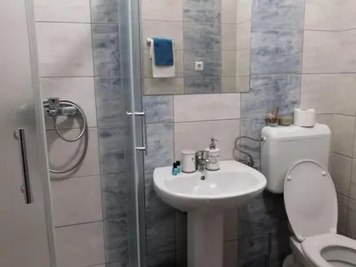 a bathroom with a toilet and a sink and a shower at Apartments Villa Kobilj in Banja Luka