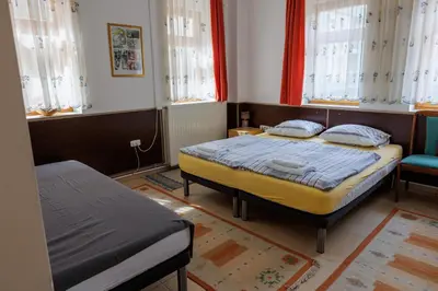 a bedroom with two beds and two windows at Apartments Villa Kobilj in Banja Luka