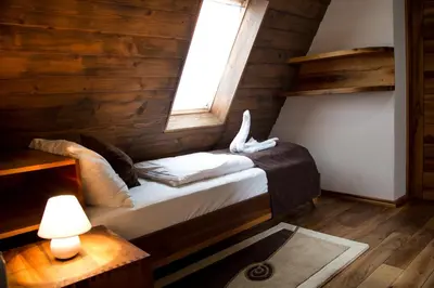 a bedroom with a bed in a room with a window at Hotel Babino Brdo in Derventa
