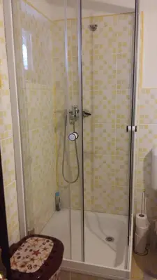 a shower with a glass door in a bathroom at Chalet The Best View in Vlasic