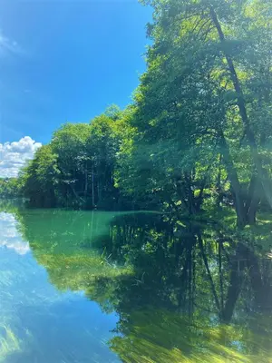 a river with trees reflecting in the water at Hotel Plivsko jezero in Jajce