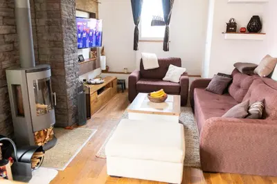 a living room with a couch and a fireplace at Apartman Ena in Vlasic