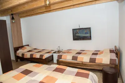 a room with two beds and a tv on the wall at Motel Orhideja in Donji Vakuf