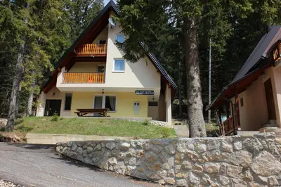 a house with a stone wall in front of it at Vikendica Anja in Vlasic