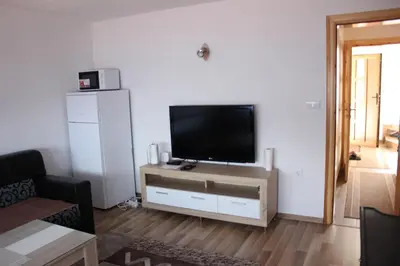 a living room with a flat screen tv on a entertainment center at Apartments Zoni in Vlasic