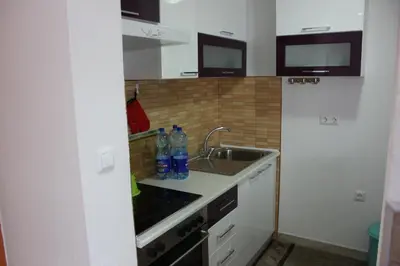 a small kitchen with a sink and a counter top at Apartments Zoni in Vlasic