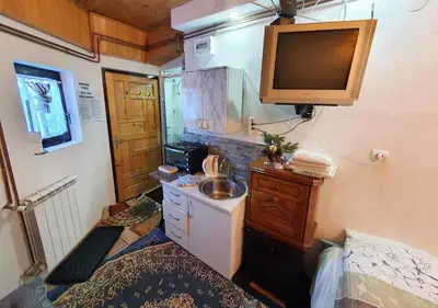 a small kitchen with a sink and a tv on the wall at Apartments Panda in Vlasic