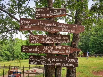 a bunch of signs on a tree in a park at Etno Selo Dodig in Drvar