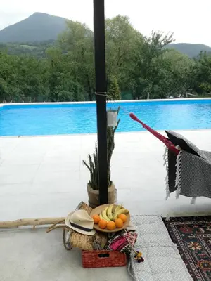 a plate of fruit on a table next to a pool at Mila Holiday Home in Lohovo