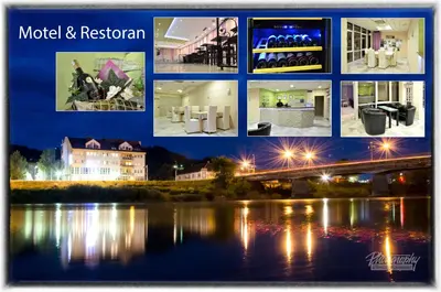 a collage of photos of buildings and a river at Motel New Sanatron in Bosanski Novi
