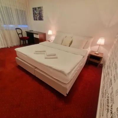 a large white bed in a room with a red carpet at Swiss Plus Hotel in Bihać