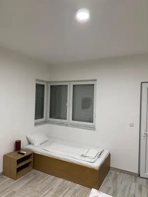 a white room with a bed and two windows at Apartment Vila Tara in Bihać