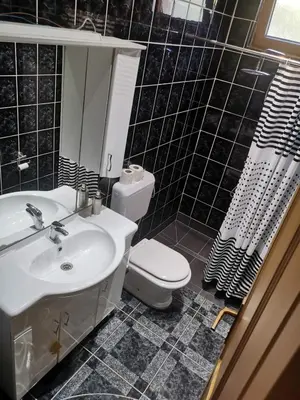 a black and white bathroom with a sink and a toilet at House Leyla in Bihać