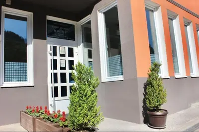 two potted trees in front of a building at Becar Pyramid Rooms in Visoko