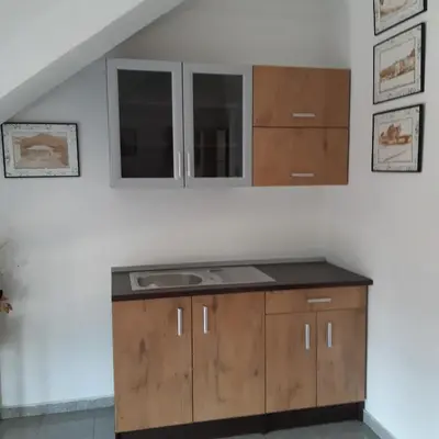a kitchen with a sink and cabinets in a room at Guesthouse Jelic in Teslić
