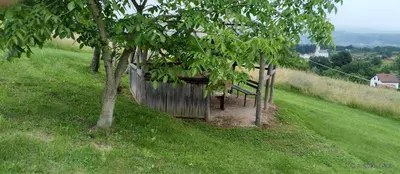 a bench sitting on a hill next to a tree at Country House Roman in Doboj