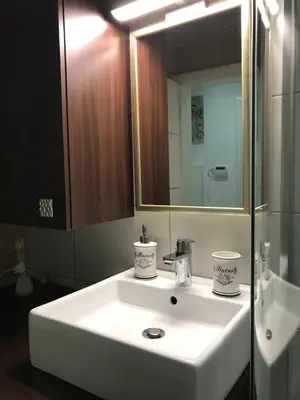 a bathroom with a white sink and a mirror at Apartment Ajla in Tuzla