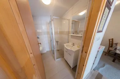 a bathroom with a shower and a toilet and a sink at Apartment Resaa in Bihać