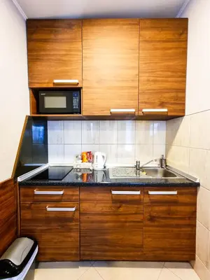 a kitchen with wooden cabinets and a sink and a microwave at Apartments Alf - Om in Banja Luka