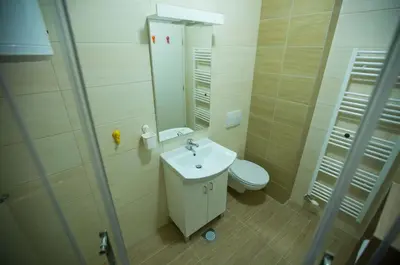 a bathroom with a toilet and a sink and a mirror at Jelena Apartment in Doboj
