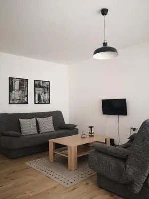 a living room with two couches and a coffee table at Apartment Adi in Travnik