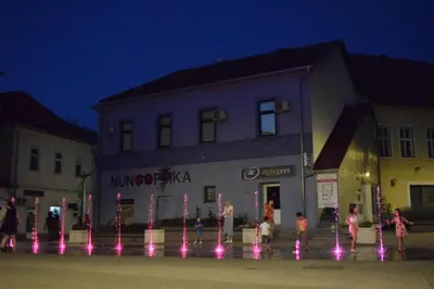 a group of children standing in front of a building with lights at Apartments & Rooms Fountain in Bihać