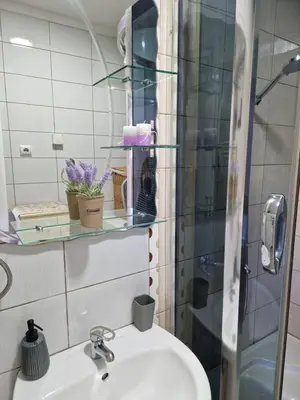 a bathroom with a sink and a shower with a mirror at Guesthouse Irac in Tuzla