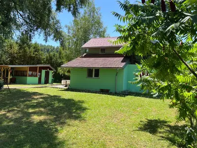 a green house with a yard in front of it at Kuca Delić in Račić
