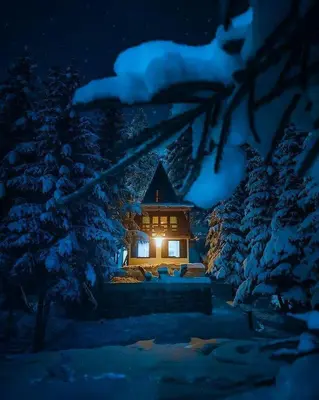 a house in the snow at night with snow covered trees at Holiday Home Dzejla in Vlasic