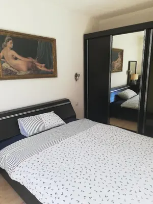 a bedroom with a bed and a mirror at Holiday Homer Vila na Obali Vrbasa in Banja Luka
