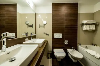 a bathroom with a sink and a toilet and a tub at Hotel Blanca Resort & Spa in Vlasic