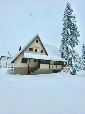 a house covered in snow next to a christmas tree at Apartments K.I.D.S. in Vlasic