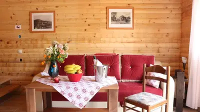 a dining room with a table and a red couch at Holiday homes Piralo in Kostajnica