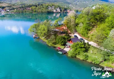 an island in the middle of a lake at Jajce,Plivsko jezero in Jajce