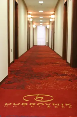a long corridor in an office building with a red carpet at Hotel Dubrovnik in Zenica